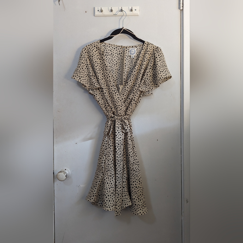 Beige + Black Polka Dot Midi dress. Small. Blue rain (Francesca).